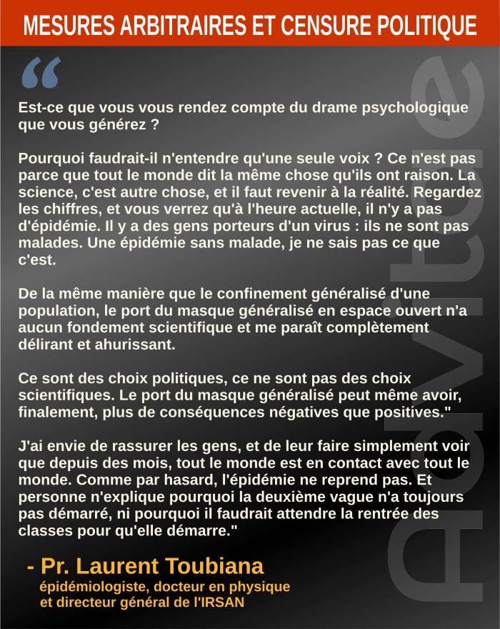 Toubiana: Mesures arbitraires et censure politique. Le confinement et le port du masque ne s'appuient sur aucun fondement scientifique 