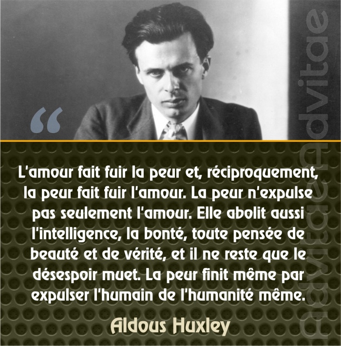 Huxley: L'amour fait fuir la peur et, rciproquement, la peur fait fuir l'amour. Elle abolit aussi l'intelligence, la bont, toute beaut
